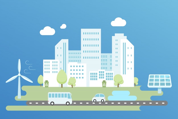 Clean energy in modern city illustration, flat design.