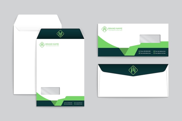 抽象的な緑の形をしたきれいな封筒のデザイン