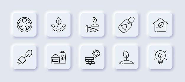 Clean environment set icon flower power plant fume biodegradable bag factory leaf sunflower cross sollar battery save the planet ecology concept neomorphism style vector line icon