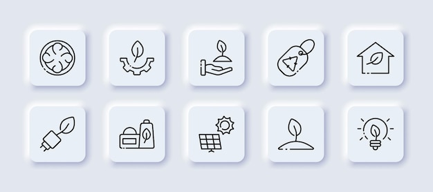 Ambiente pulito imposta icona fumo di centrale elettrica fumo biodegradabile borsa fabbrica foglia girasole croce sollar batteria salvare il pianeta concetto di ecologia neomorfismo stile icona linea vettoriale