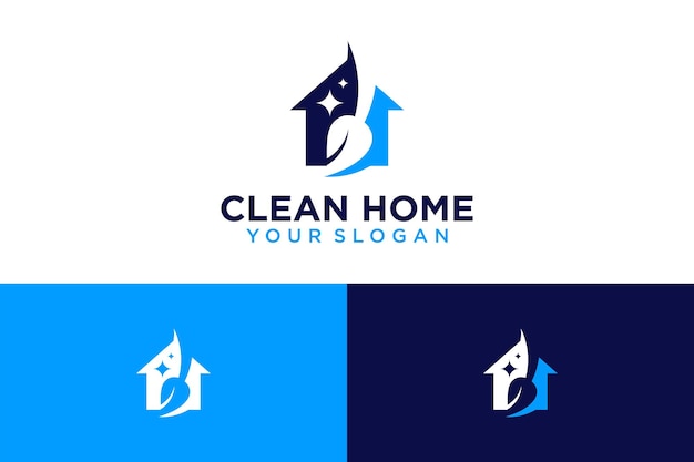 집과 빗자루 또는 청소로 깨끗한 홈 로고 디자인