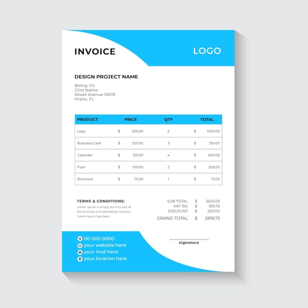 Clean minimal invoice vector template design