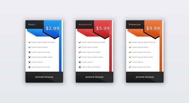 Clean minimal pricing table design template for website subscription panel