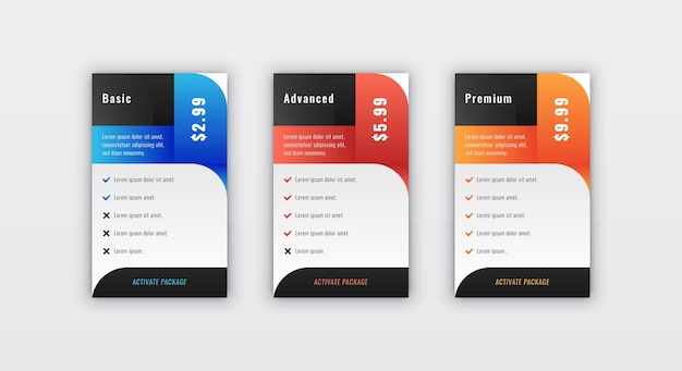 Clean minimal pricing table design template for website subscription panel