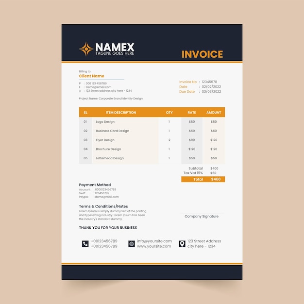 Clean and modern corporate business billing invoice design template