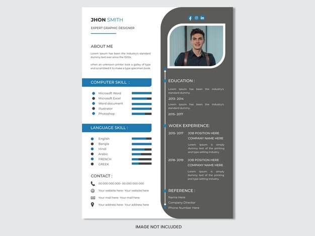 Vector clean and modern resume portfolio or template with photo space