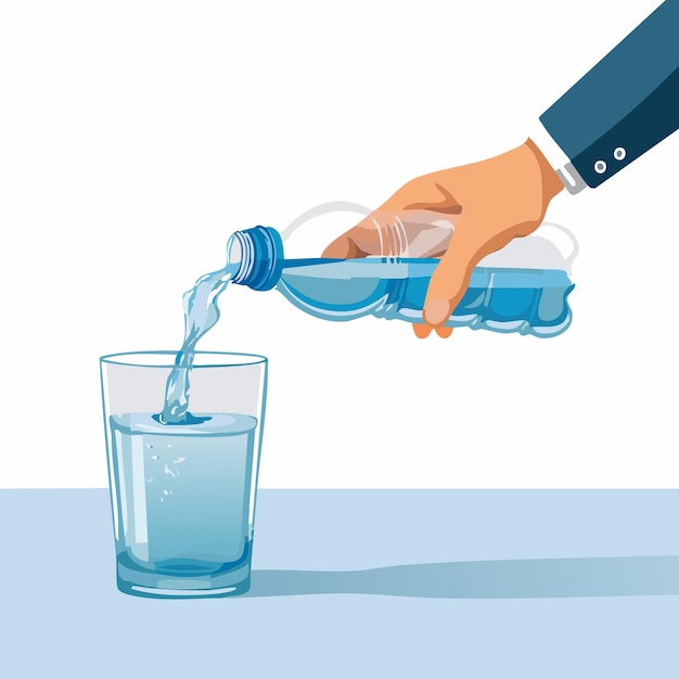 プラスチック製のボトルからグラスに水を注ぐ手の麗な近代的なベクトルイラスト