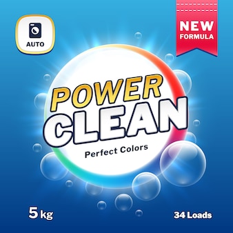 Potenza pulita - confezione di sapone e detersivo per bucato. illustrazione di vettore dell'etichetta del prodotto del detersivo. pacchetto di polvere potere