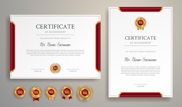 Clean red and gold certificate border template with gold badges