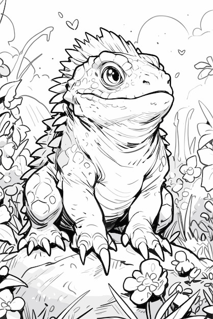 Vector clean and simple line art for kids cute iguana coloring page