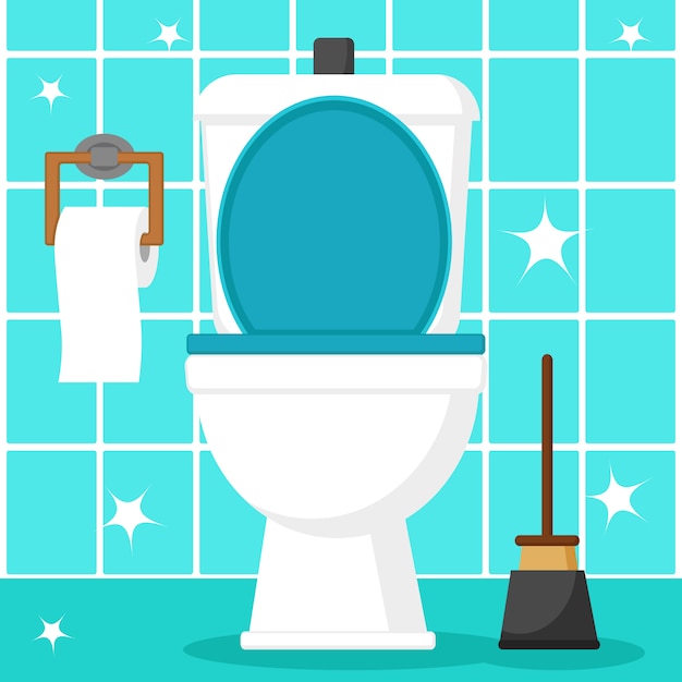 Vector clean toilet bowl with toilet paper and plunger on a blue tile.