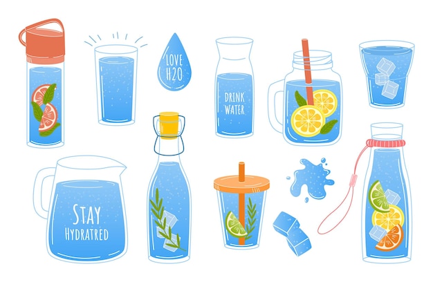 Чистая вода doodle стекло и бутылка с водой или лимонадом переработанные пластиковые контейнеры капли и брызги набор безалкогольных или газированных напитков векторные напитки со льдом и ломтиками цитрусовых