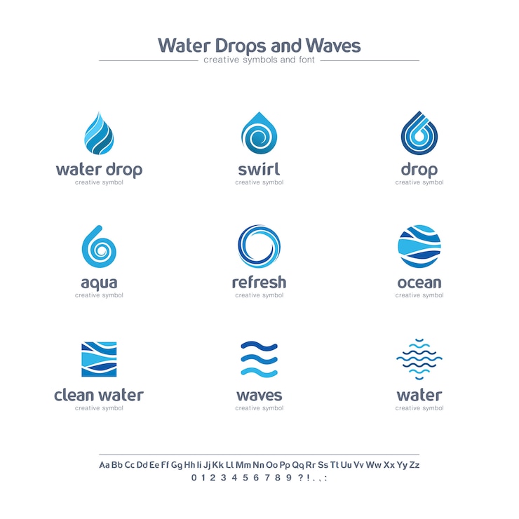 Vector clean water drops and waves creative symbols set, font concept. fresh swirl blue color abstract business logo. ocean, sea, spiral icon.