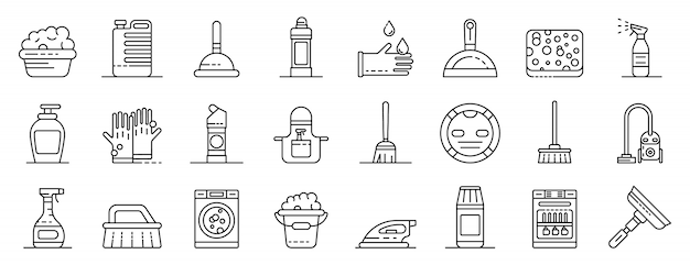 Cleaner equipment icons set, outline style