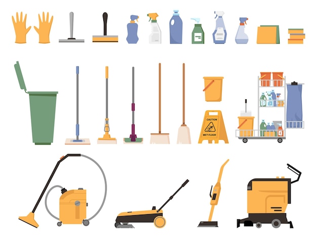 Cleaner equipment isolated flat cartoon set of cleaning supplies accessories vector vacuum cleaner