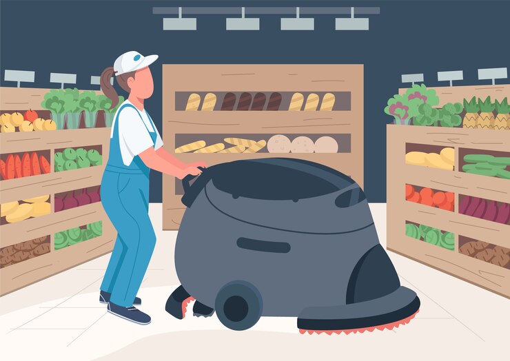 Vector cleaner in grocery store flat color . supermarket janitor with cleaning machine 2d cartoon characters with product shelves on background. commercial janitorial service