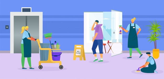 Cleaner service  illustration. professional man woman worker, cleaning group people in uniform work for cartoon company.  person with equipment at office floor, cleanup and hygiene.