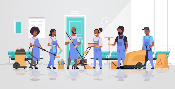 Vector cleaners team in uniform working together cleaning service concept   janitors using professional equipment modern hospital corridor interior  full length horizontal