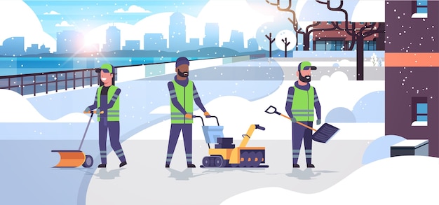 Cleaners team using different equipment and tools snow removal concept mix race men women in uniform cleaning urban residential area cityscape flat full length horizontal vector illustrationio