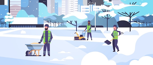 cleaners team using different equipment and tools snow removal concept mix race men women in uniform cleaning winter snowy park cityscape flat full length horizontal vector illustration