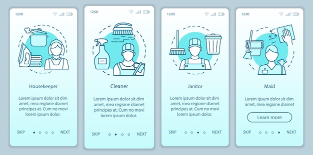 Персонал клинингового агентства на экране страницы мобильного приложения, линейные концепции. Четыре пошаговых графических инструкции. Уборщица, горничная. Компания по уборке. UX, UI, векторный шаблон GUI с иллюстрациями