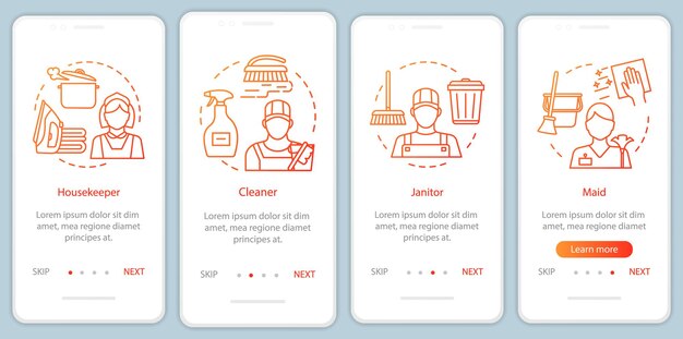 Cleaning agency staff onboarding mobile app page screen linear concepts