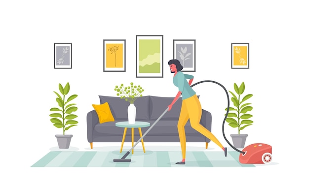 Vector cleaning of apartment maid vacuums carpet in living room illustration