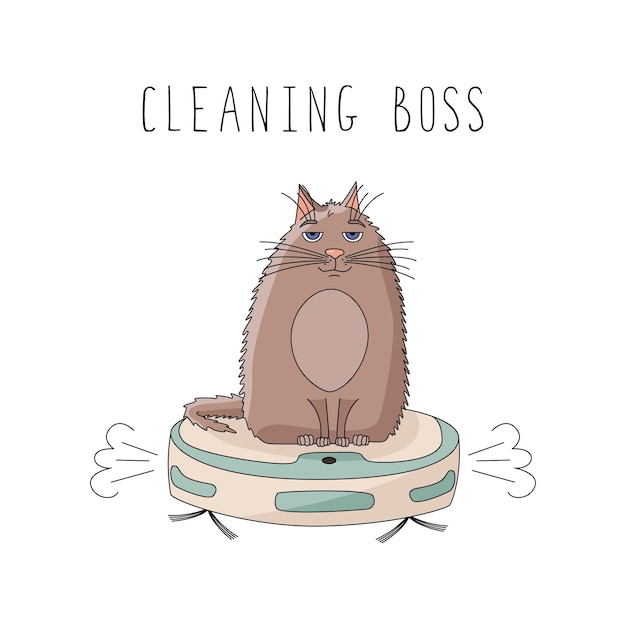 Cleaning boss Cute cat on a robotic vacuum cleaner The concept of cleanliness and cleaning