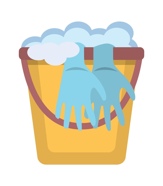 cleaning bucket laundry cleaning plastic bucket with liquid washing detergent water and gloves vector cartoon flat illustration