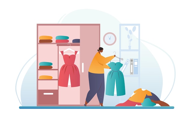 Vettore la donna del concetto di pulizia dell'armadio smonta l'armadio e piega attentamente i vestiti.