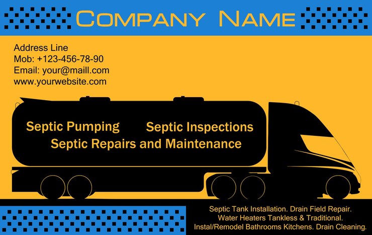 वेक्टर cleaning company business card featuring a garbage truck pumping out a septic tank