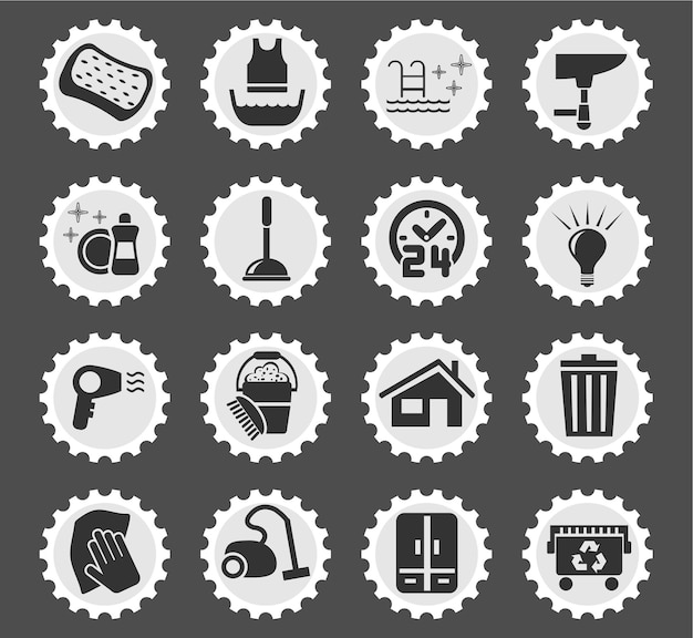 Cleaning company icons on stylized round postage stamps