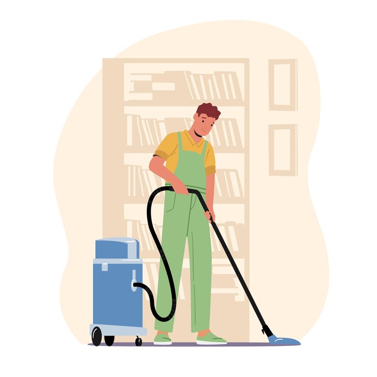 Vector cleaning company service concept. male character, washing, sweeping and mopping floor with professional vacuum cleaner, man wash room or hotel, janitor occupation. cartoon people vector illustration