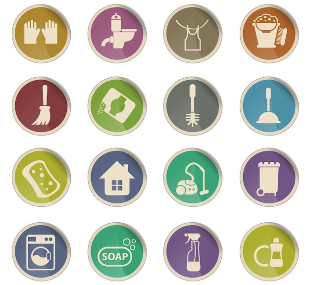 Icone vettoriali dell'azienda di pulizie sotto forma di etichette di carta rotonde