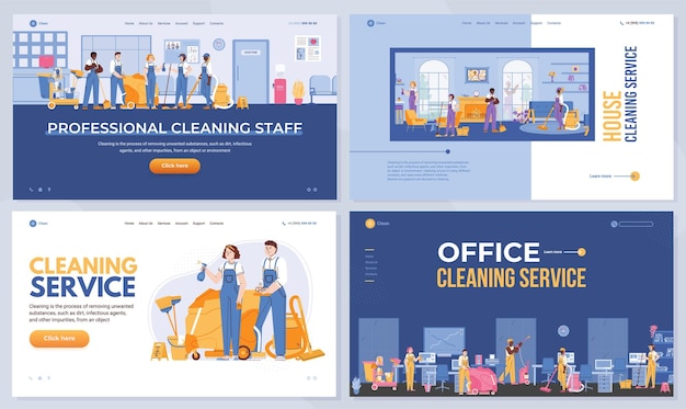 Vector cleaning company website page templates set flat cartoon vector illustration