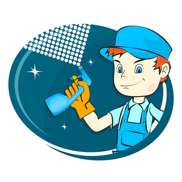 Cleaning company worker in uniform with a bottle of cleaning agent in his hand