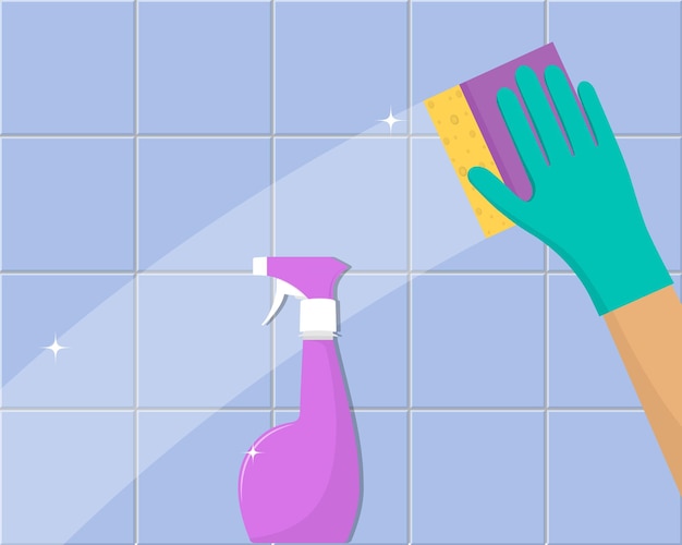 Концепция очистки рука в резиновой перчатке очищает плитку губкой и чистящим спреем