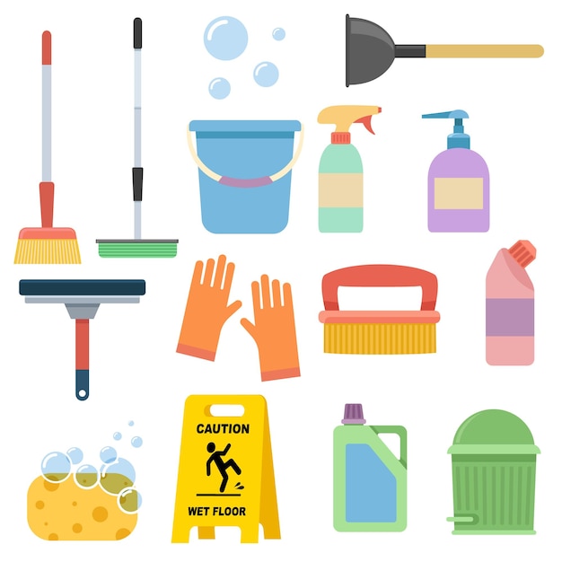 Cleaning equipment cartoon in flat style