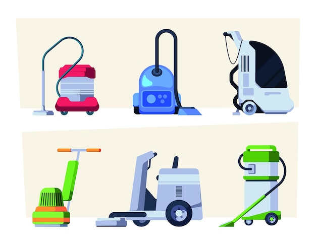 Vector cleaning equipment commercial cleaners with professional tools vacuum cleaner mops garish vector illustrations in flat style