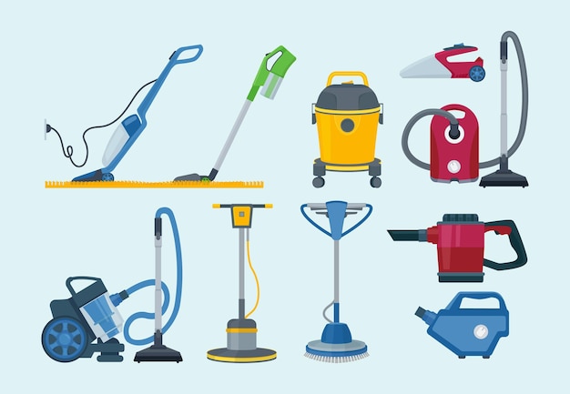 Vector cleaning equipment. electrical vacuum cleaner professional supplies household service collection.