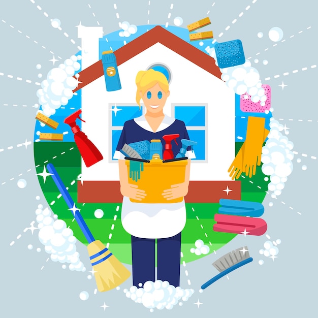 Cleaning flat creative concept illustration, cleaning woman, housekeeper holding products and tools, for posters and banners