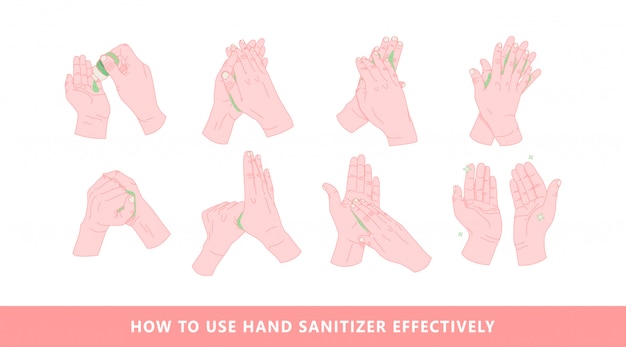 手消毒剤ベクトルで手を洗浄します。手を清潔にして消毒します。手の消毒剤のイラストの使い方。衛生、公共の公共の場所のための教育インフォグラフィックを一歩一歩手洗い