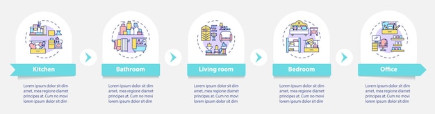 Modello di infografica di pulizia in casa e ufficio. elementi di design di presentazione decluttering. visualizzazione dei dati con 5 passaggi. elaborare il grafico della sequenza temporale. layout del flusso di lavoro con icone lineari