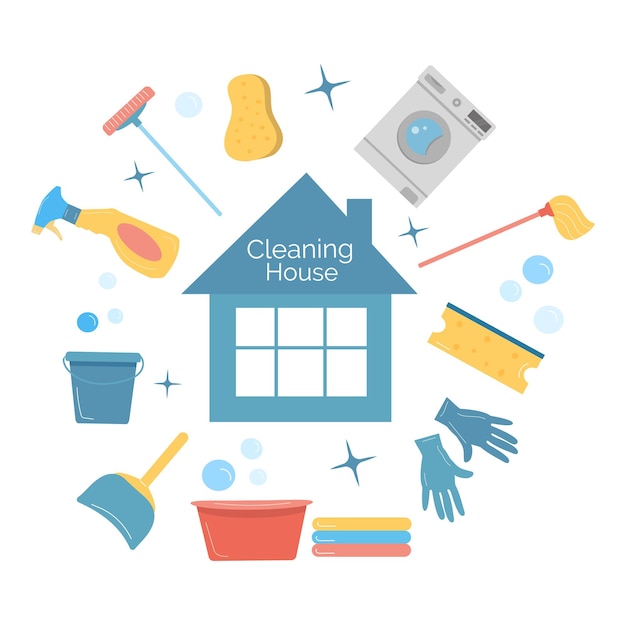 Vector cleaning house supplies with bubble
