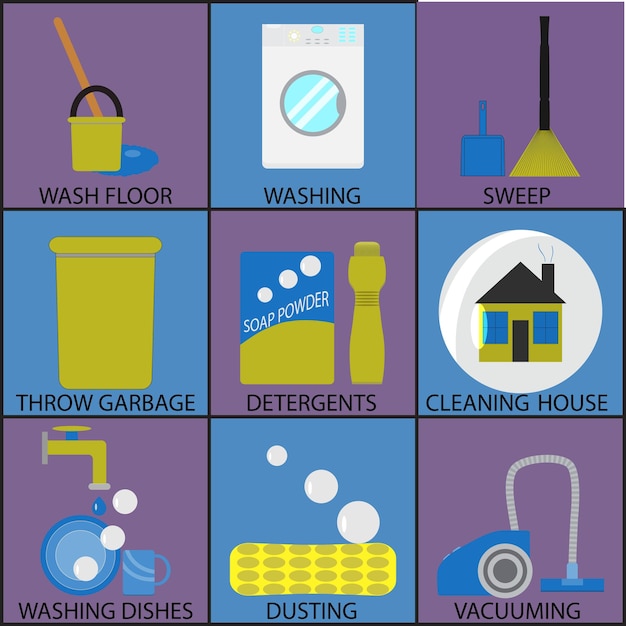 Vector cleaning icon set washing dusting and sweep