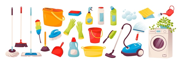 벡터 청소. 집과 사무실 청소를 위한 도구 아이콘입니다. 세탁기, 청소기.