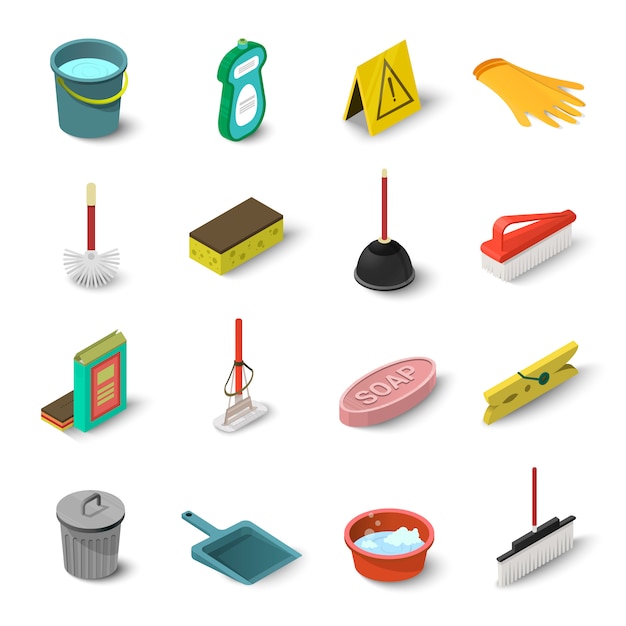 Vector cleaning icons set. isometric illustration of 16 cleaning vector icons for web