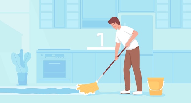 Cleaning kitchen floor at home flat color vector illustration