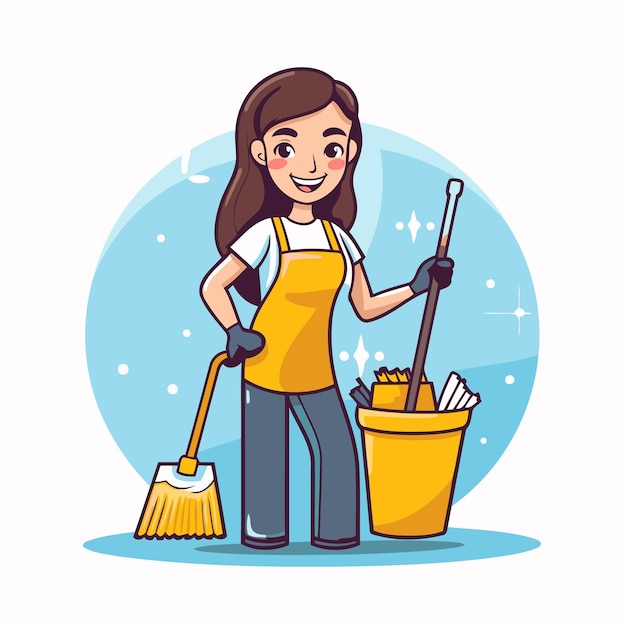 Cleaning lady with mop and bucket cleaning service vector illustration graphic design