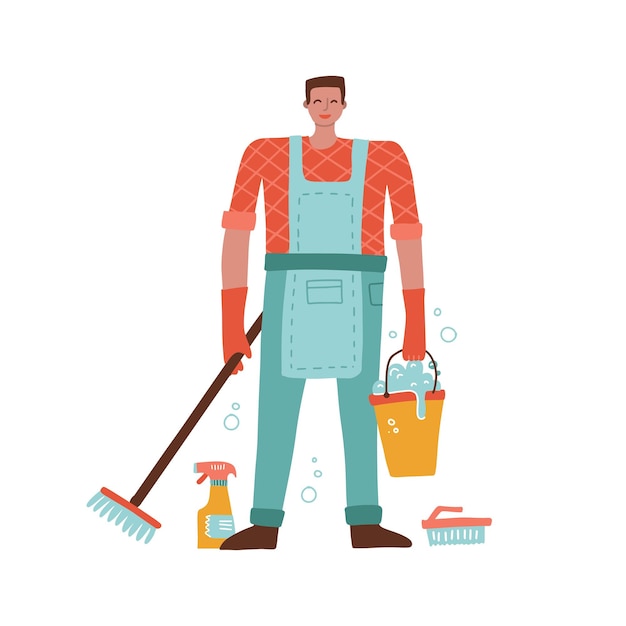 Cleaning male worker isolated flat cartoon character man in uniform holding mop and bucket vector pr...